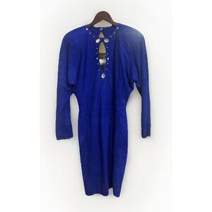 Vtg. 80/90s Blue Suede Dress Rhinestone Cutout Back Shoulder Pads Leather 9 /10